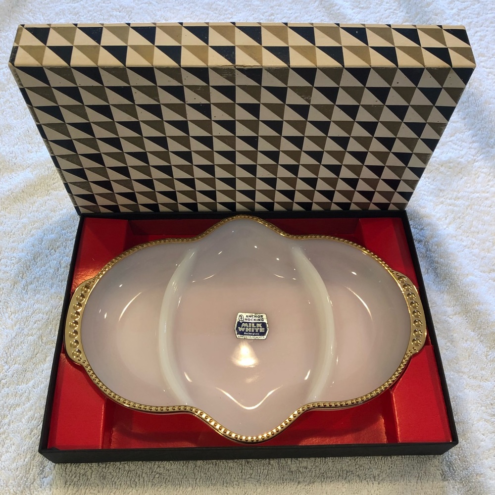 Vintage 50’s Anchor Hocking Fire King Milk Glass Relish Dish Gold Trimmed